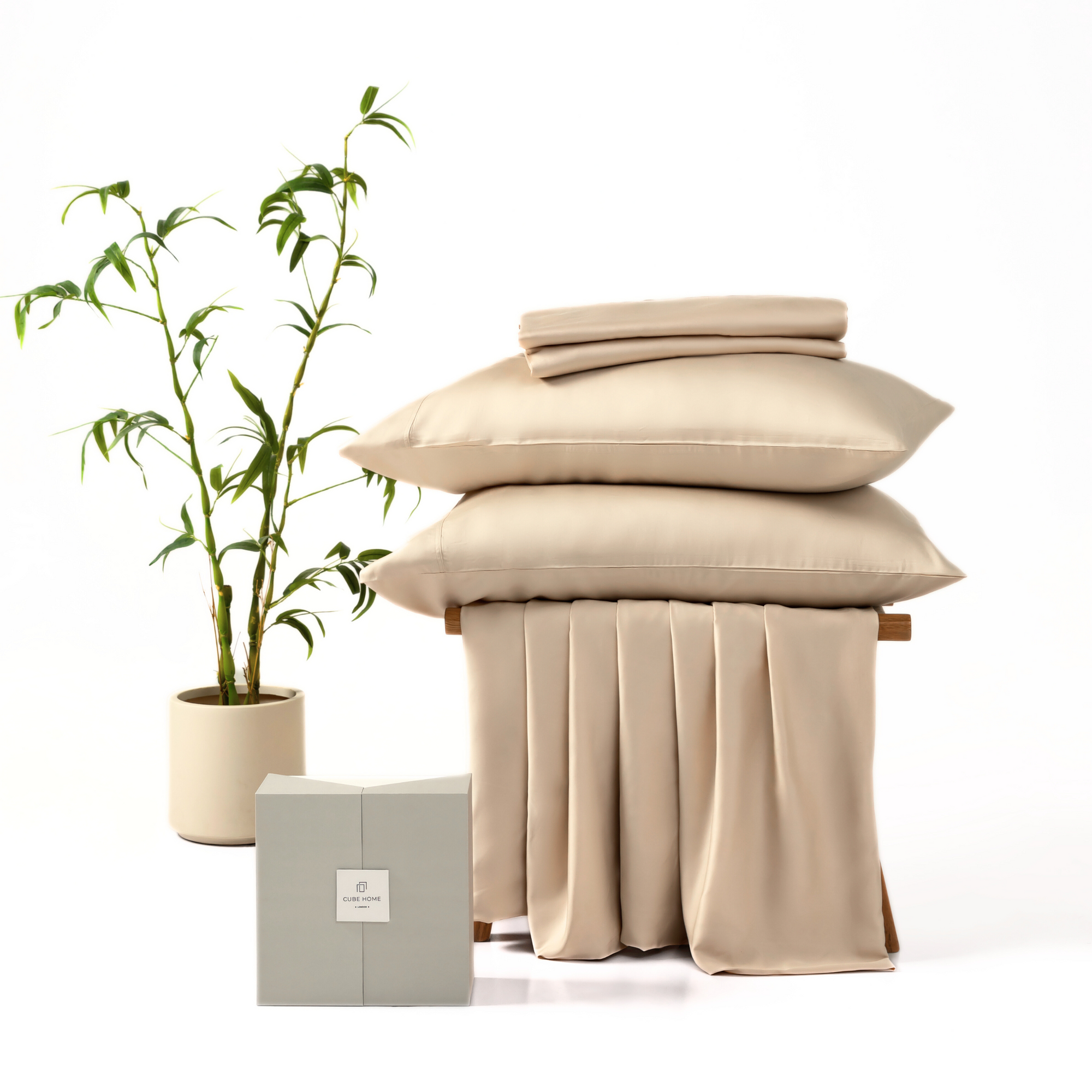 CUBE HOME Natural Bamboo Bedding Set (Duvet Cover + Deep Pocket Fitted Sheet + 2 Pillowcases), Beige